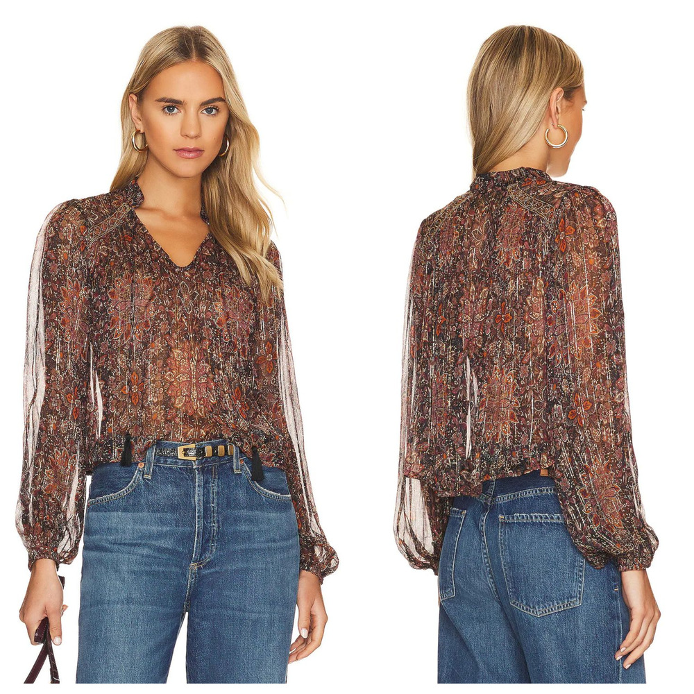 House of Harlow 1960 Mareisa Metallic Blouse in Rust Floral Multi Size XS